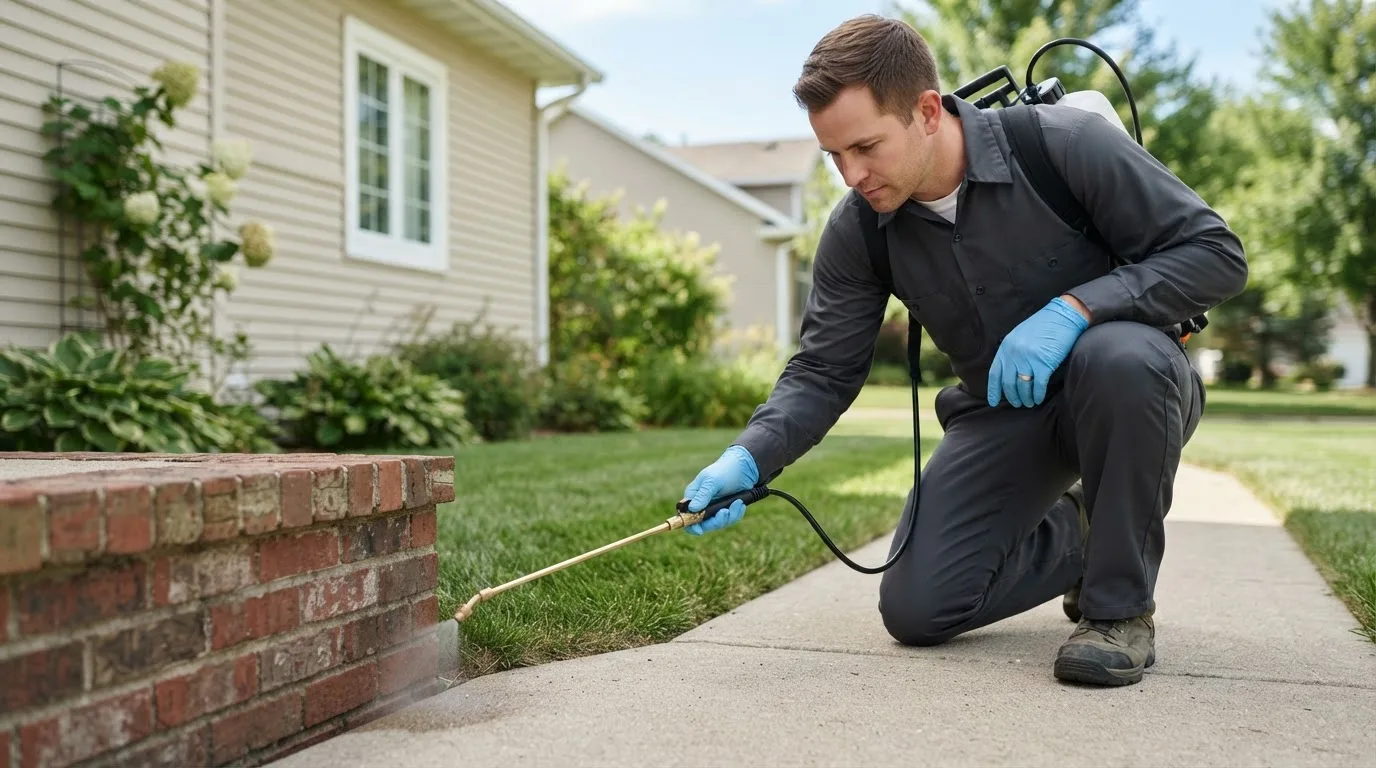 Pest control technician treating a home near Hartman, AR