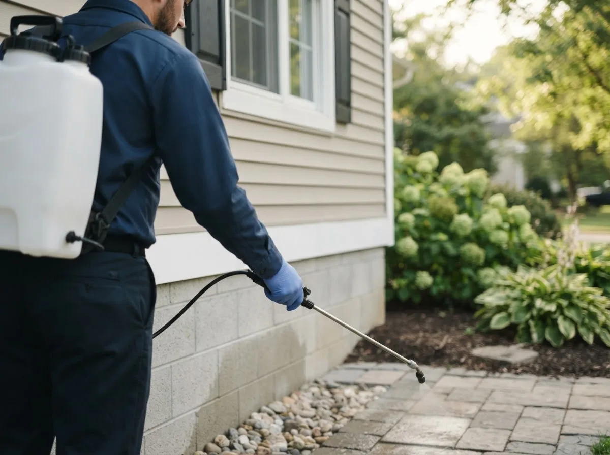 Pest control technician inspecting a home in Hartman, AR